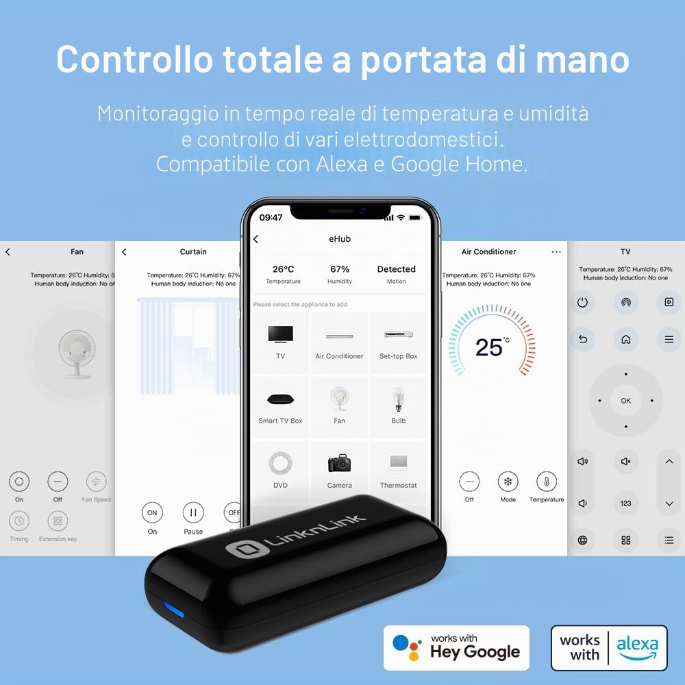 eHub Telecomando Universale Smart 5-in-1 WiFi con Sensori di Movimento, Temperatura e Umidità, Archiviazione Dati 3 Anni, Compatibilità Alexa, Google Home, Modbus, Home Assistant