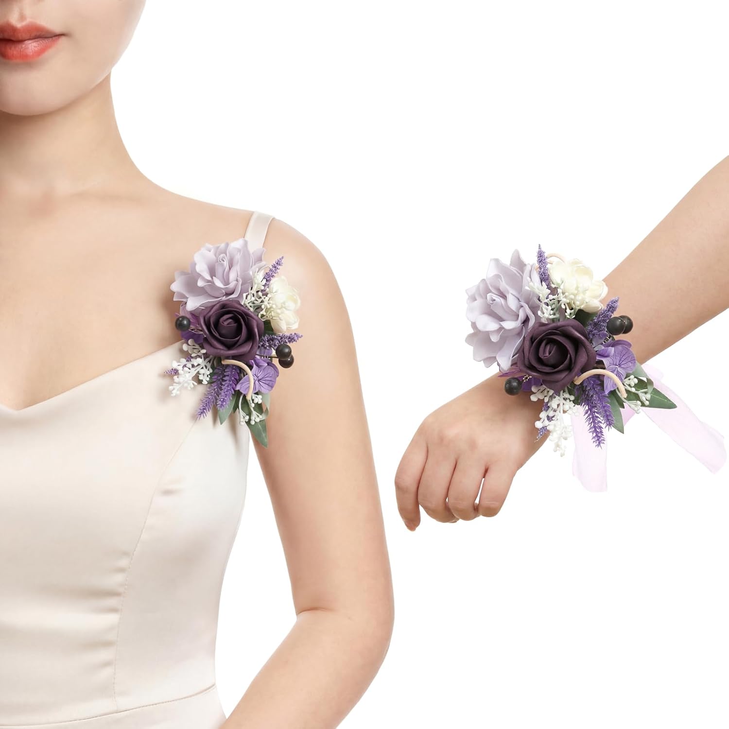 Ling's moment 2pcs Prom Wrist/Shoulder Corsage Artificial Flower, Girl/Mother Homecoming/Wedding Corsage Wristlet Décor, etc. Purple Lavender Lilac