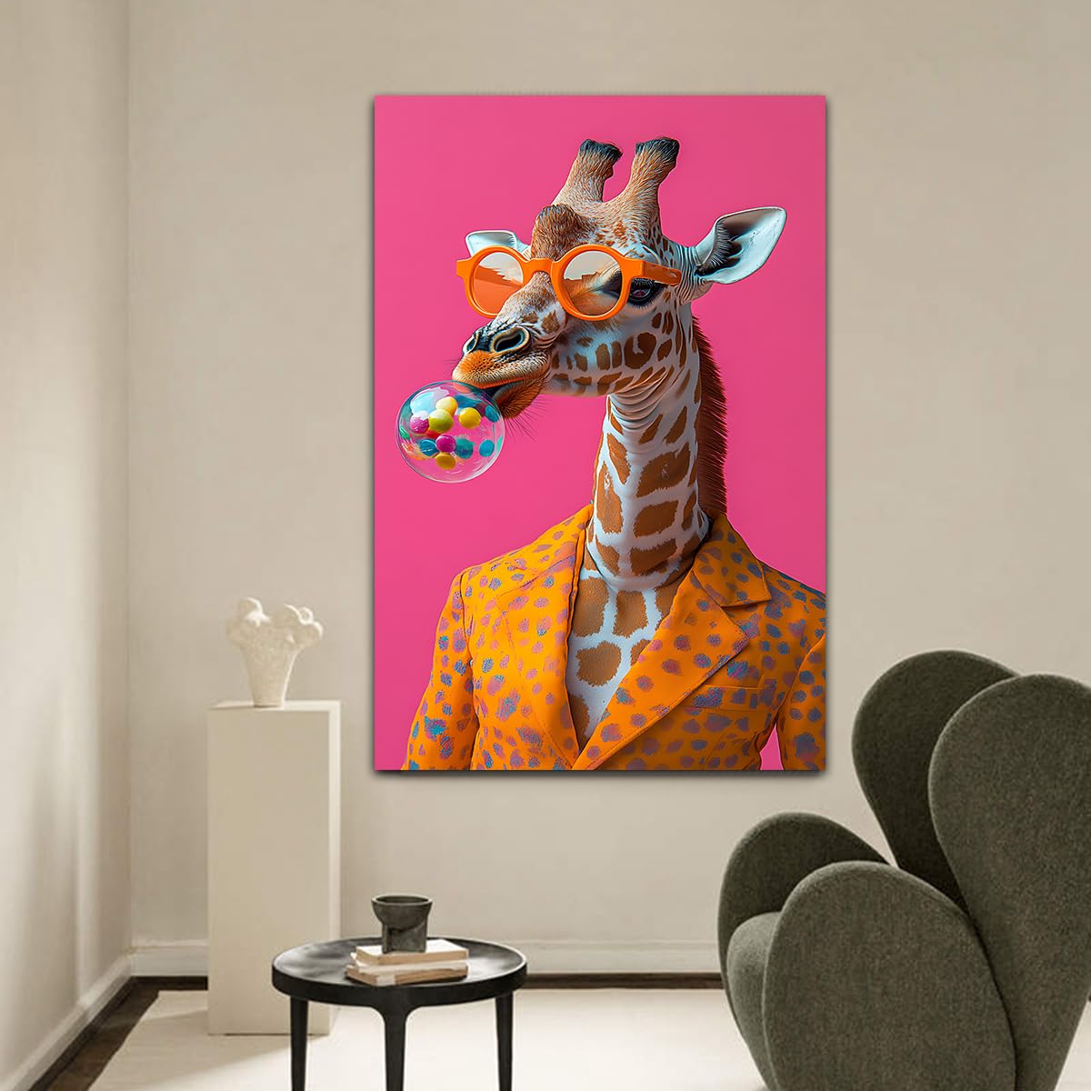 CHERHERART Pop Art żyrafa pomarańczowy kostium na płótnie surrealistyczne zdjęcie śmieszne zwierzęta plakat ścienny do biura jadalnia dekoracja różowy pomarańczowy płótno 78 x 140 cm bez ramki