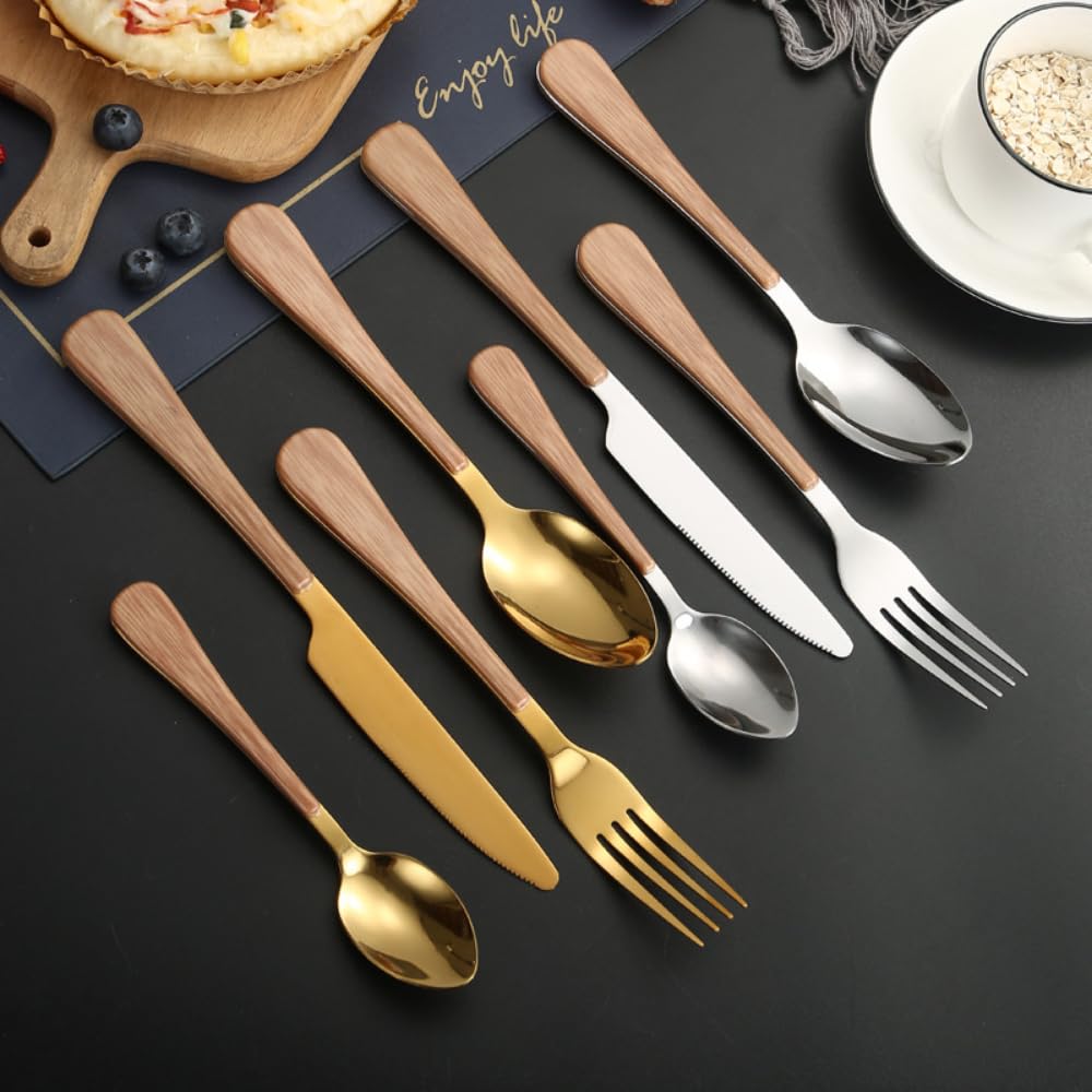 16 Piezas De Madera Sintética Con Mango Plano Para Cocina, Acero Inoxidable, Cubiertos, Vajilla, Cubiertos, Cuchillos, Tenedores, Cucharas, Juego Para 4 Personas, Hotel, Hogar, Cuchillo De Carne