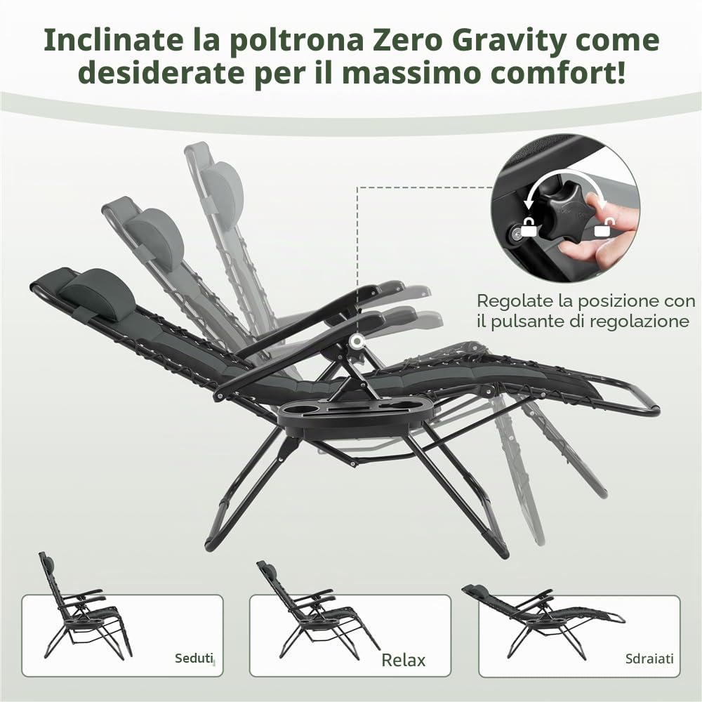 Yaheetech Lettino prendisole pieghevole, resistente alle intemperie, ergonomico, da giardino, con schienale regolabile, con cuscino cervicale e porta bevande, colore: nero e grigio