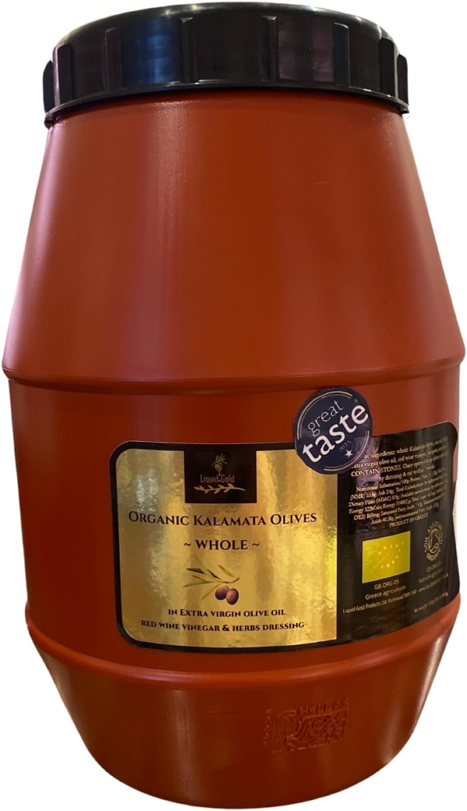 Liquid Gold | Organic Kalamata Olives in Extra Virgin Olive Oil – 2 Kg barrel | Hand-Harvested Greek Olives from Sparta | Traditionally Cured 5 Months | With Herbs & Red Wine Vinegar