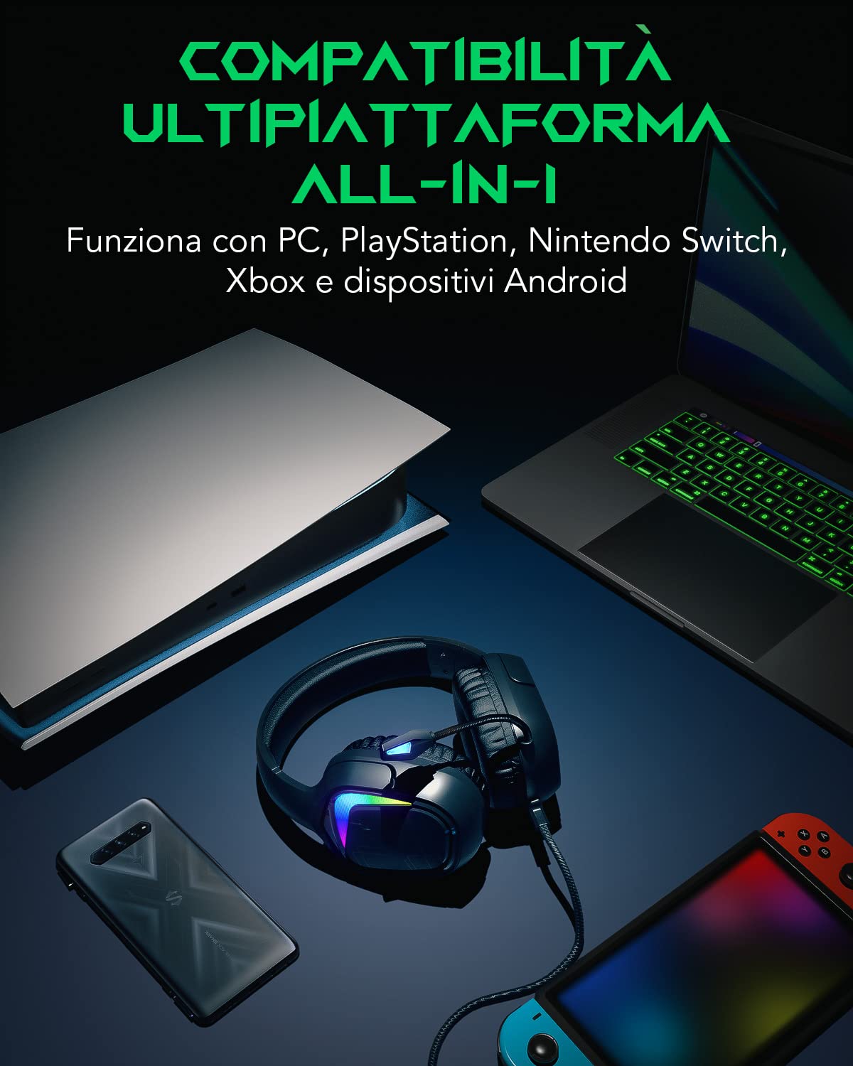 Black Shark Cuffie Gaming per PS4 PS5 PC Xbox One Switch, Cuffie con Microfono Ultra Chiaro, Driver Dinamici da 50 mm, Cuscinetti Isolanti, Controlli in Linea