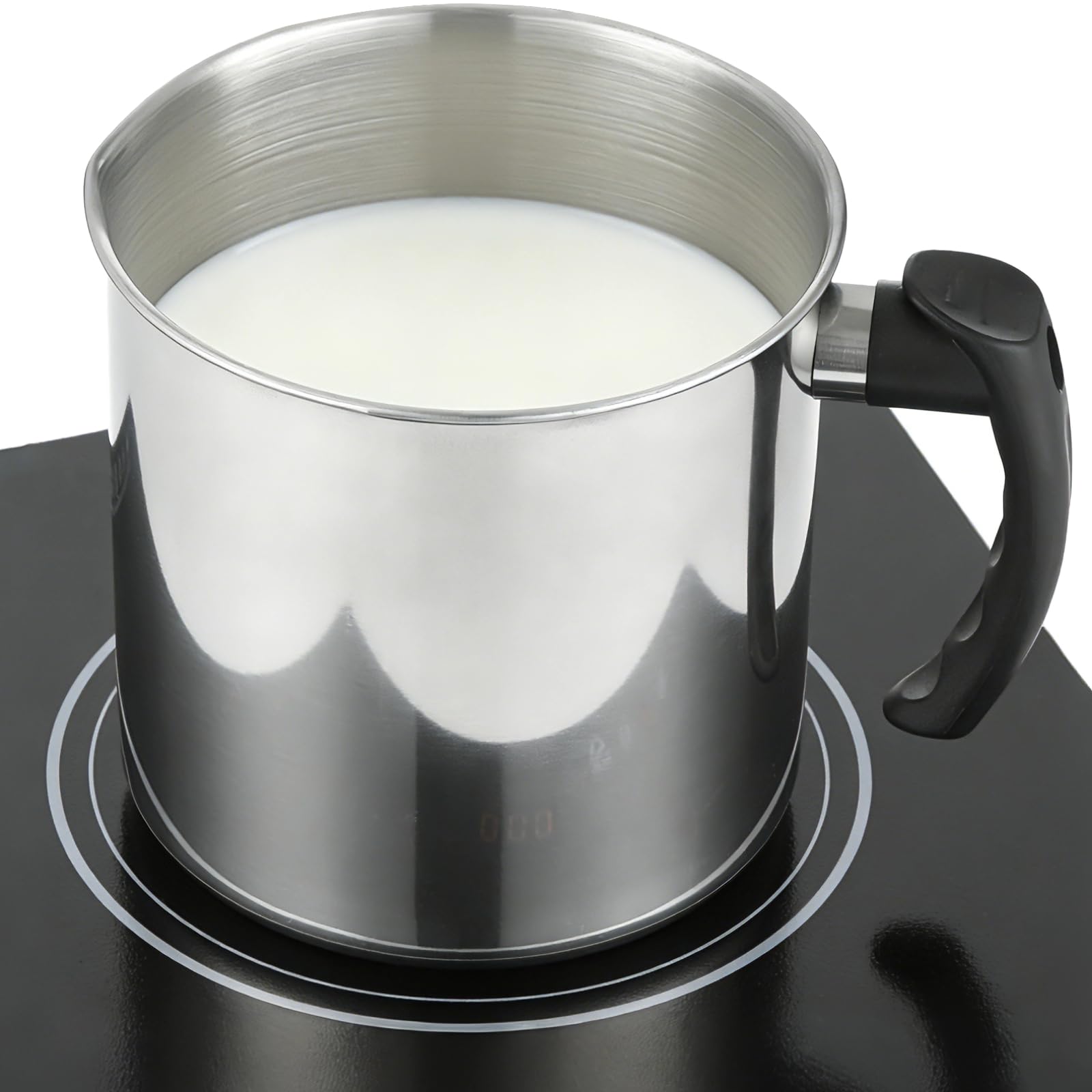 Stainless Steel Milk Pot for Induction, 1.8L Milk Pan with Pour Spout, 13.5 cm Heating Pot Fast Even Heating, Food-Safe Stainless Steel Pan with Heat Resistant Plastic Handle for Tea Coffee Soup
