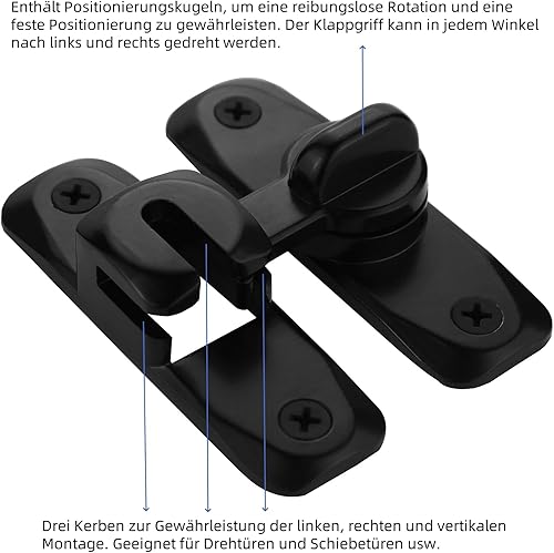 Miniatura 3 de Pestillo de puerta abatible negro de 90 a 180 grados resistente para puerta de barra, cerradura de puerta de seguridad, diseño grueso y antioxidante