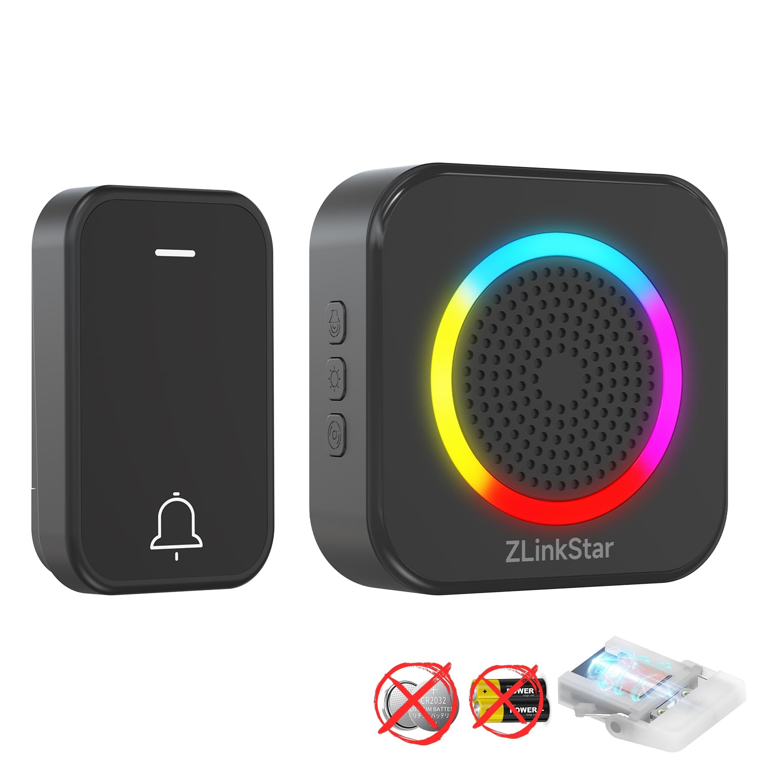 ZLinkStar Self-Powered Wireless Doorbell RGB Lighting,600 ft Wireless Doorbell Range,63 Chimes & 4 Volume Levels, IP68 Waterproof Doorbell for Home/Classroom/Office/Business(Black013-1-1)