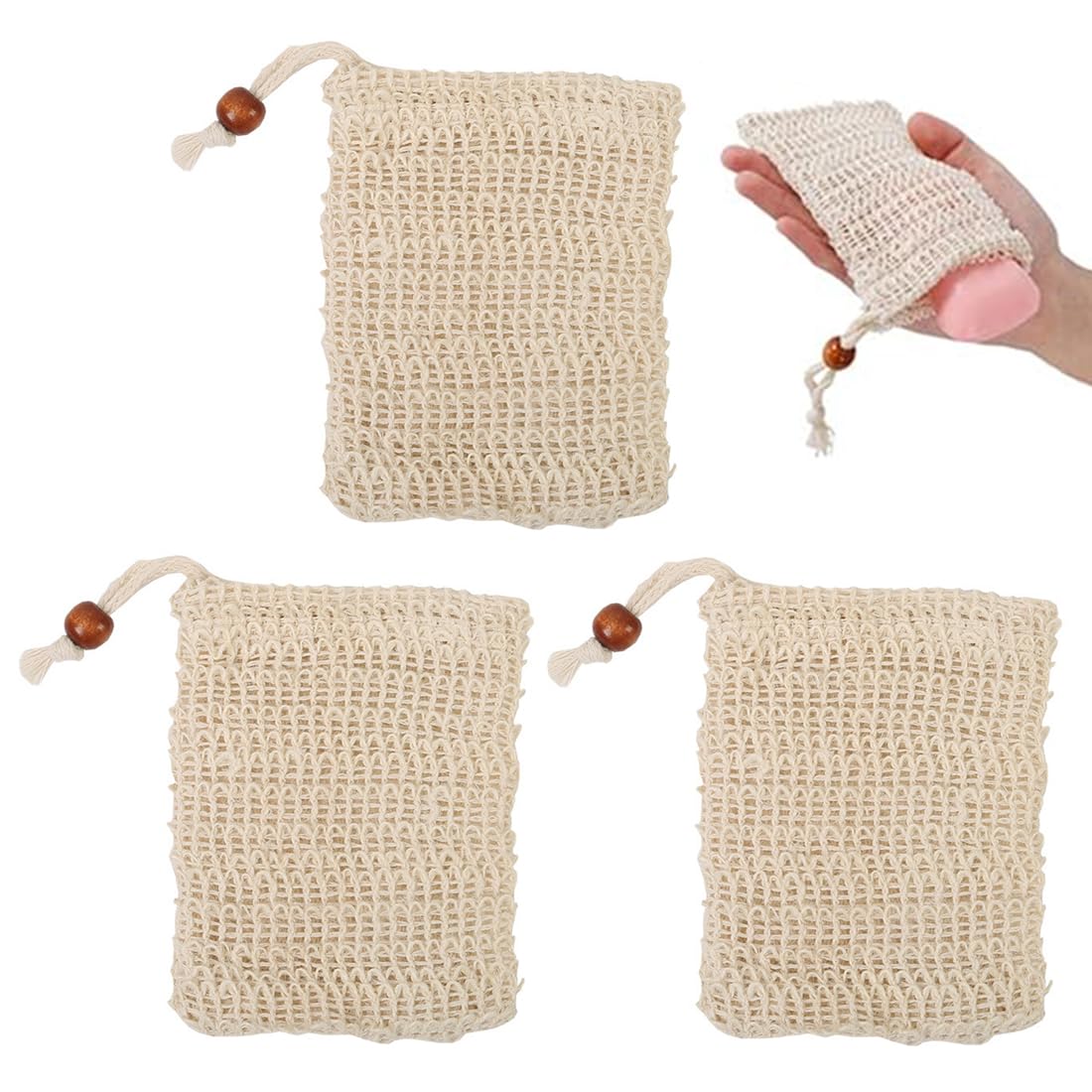 Bolsa De Jabón Orgánica De 3 Piezas De Sisal Natural Exfoliante