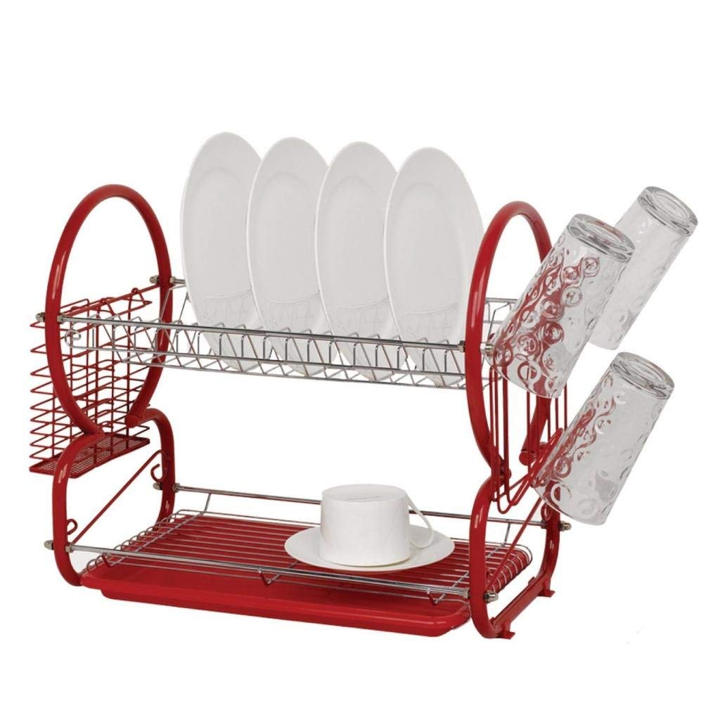 St@llion 2 Tier Dish Drainer Red Rack with Glass Utensil Cutlery Caddy & Drip Tray, 50 x 37 x 13 cm