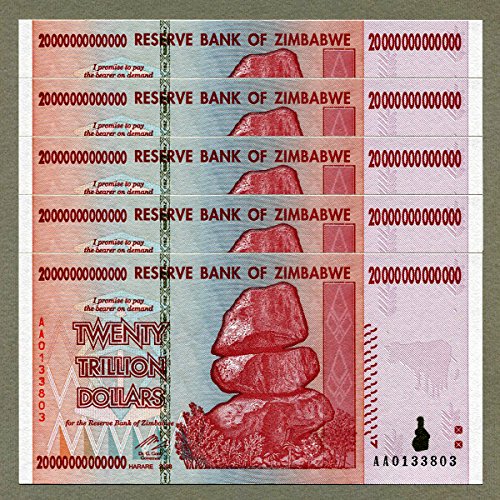 Zimbabwe 20 Trillion Dólares x 5 unidades AA 2008 P89 Consecutive UNC Currency Bills Cover