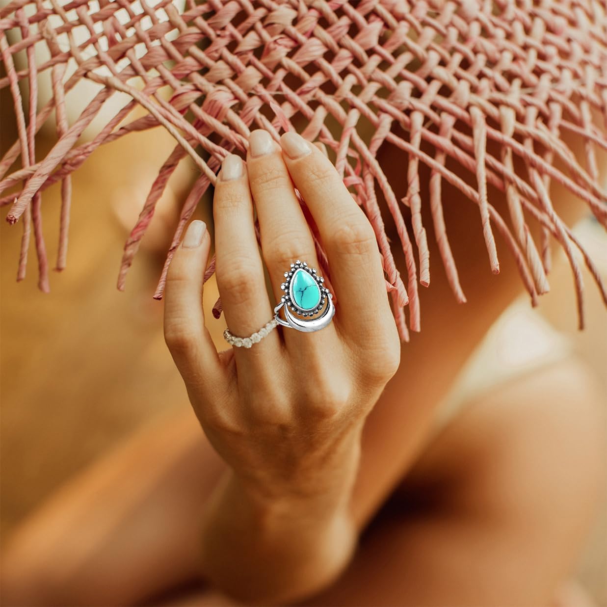 Crescent Moon Turquoise Stone Ring for Women,S925 Sterling Silver Waterdrop Shaped Gemstone Boho Statement Ring Jewelry Gift for Her