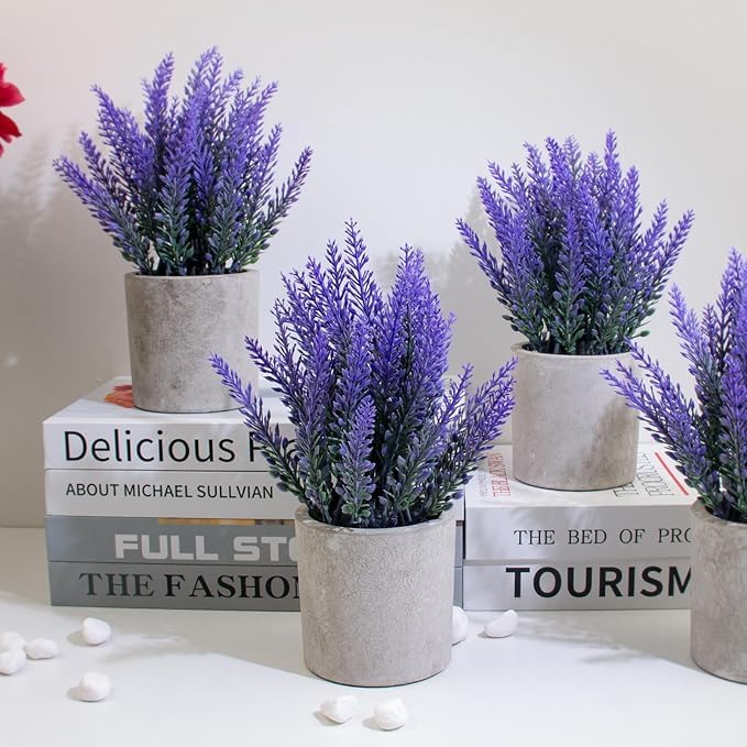 Image of Potted Artificial Lavender Plants, Faux Plants, and Home decor Office Table, Bedroom, Kitchen, Dorm Desk, Bathroom Shelf, and Faux Plant Decorations