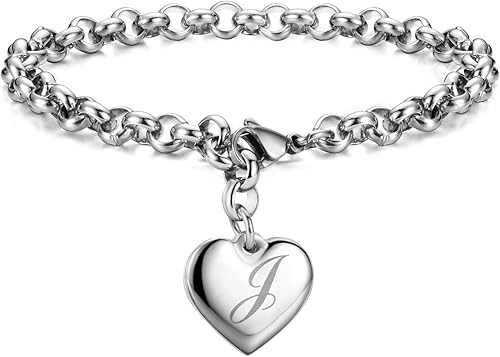 Monily Brazaletes de acero inoxidable y dije en forma de corazón con inicial, 26 letras del alfabeto, brazalete para mujer