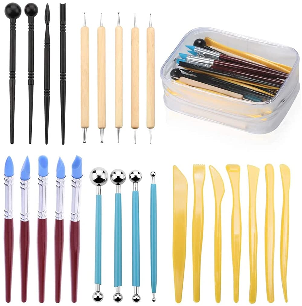 ELECDON 25 Pcs Sculpting Tools, Polymer Modeling Clay Pottery Clay Tools Dotting Pen, Silicone Tips, Ball Stylus, Pottery Ceramic Clay Indentation Tools Set Also for Cake Fondant Decoration
