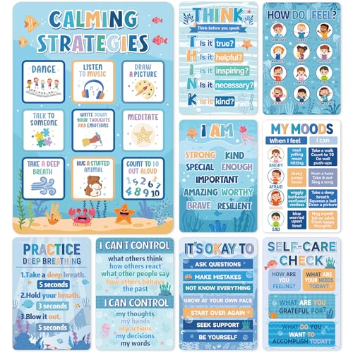 Image of 9Pcs Calming Corner Posters, 13.4 inchx9.2 inch Ocean Theme Calm Down Corner Poster for Classroom Bulletin Boards, Educational Behavior Charts for Elementary Middle Back to School Wall Decorations Teacher Must Haves