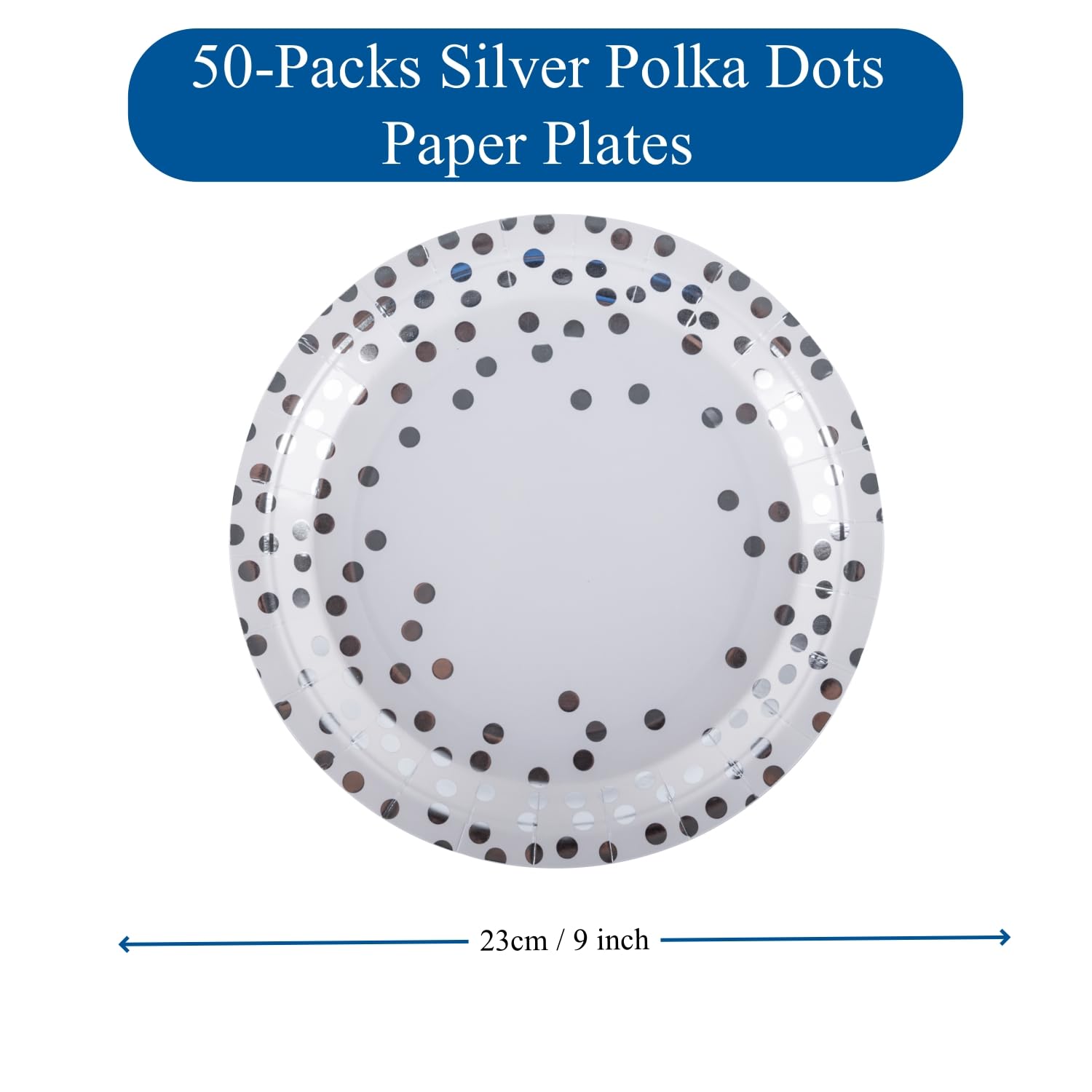 CEILIWEN 50 Pack 9 Inch (23cm) Paper Plates, White & Silver Polka Dot Design for Wedding Anniversaries, Christmas and Events - Image 2