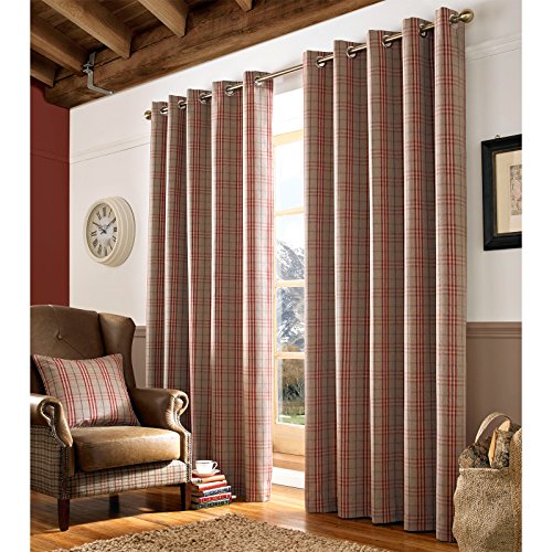 Just Contempo - Cortinas (con Ojales, Forradas, Tela Escocesa Resistente), poliéster, Rojo y Beige, 2 Cortinas 229 x 183 cm