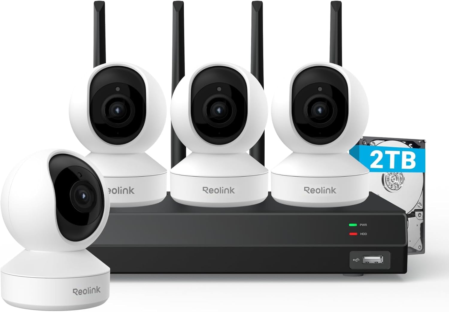 REOLINK Wireless Security Camera System, 4pcs E1 4MP Indoor WiFi Camera for Home Security/Baby Monitor/Pets, Smart Detection, Pan Tilt, Bundle 1x 4K 12CH WiFi NVR RLN12W with Built-in 2TB HDD