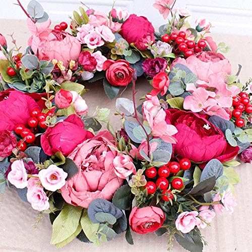 Decorative Door Wreath,Silk Flower Peony Flower Wreath 40cm Handmade Garland for Autumn Winter Outdoor Display Red