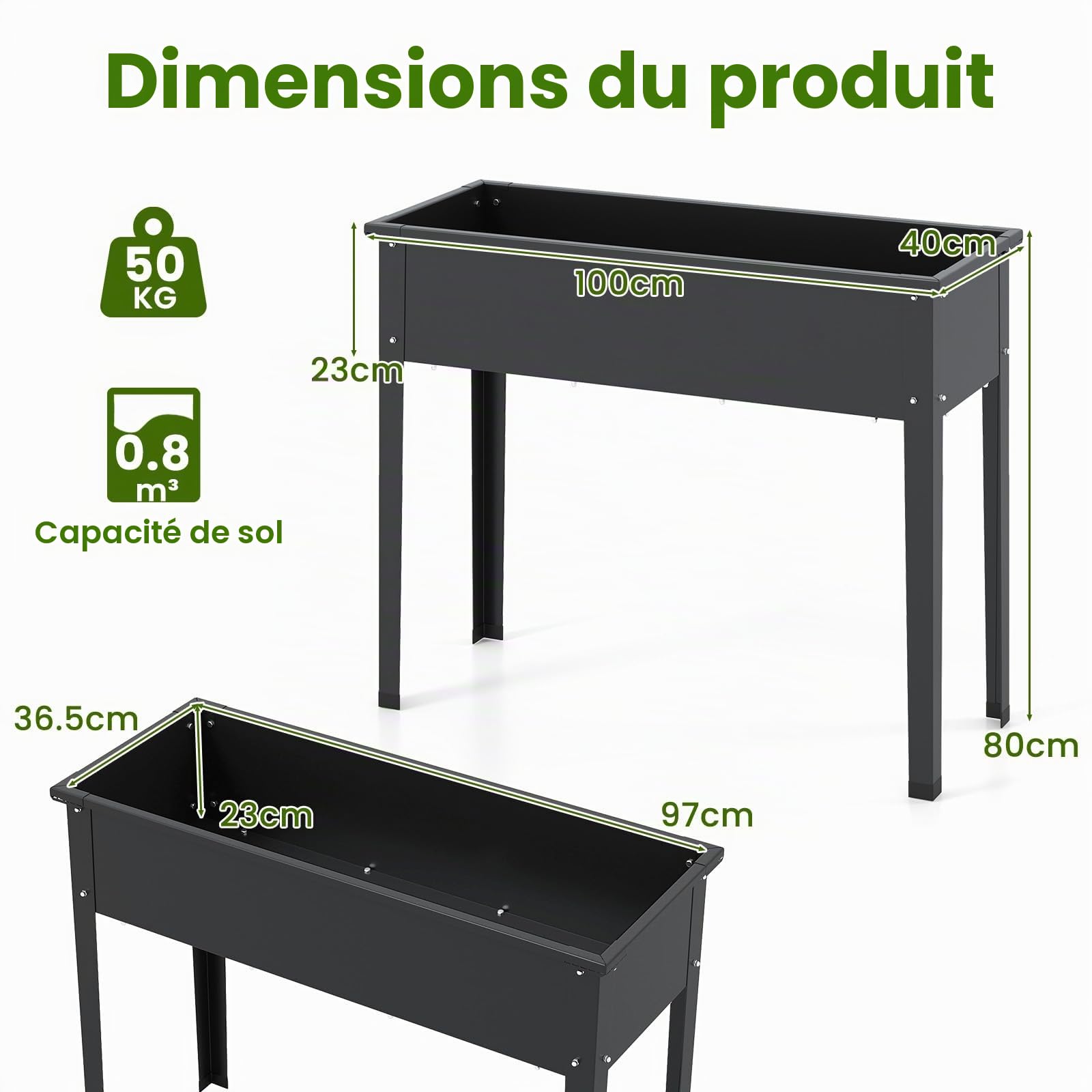 HOMASIS Jardinière sur Pieds en Métal, Jardinière Surélevé avec Trou de Drainage, Potager Surélevé Rectangulaire pour Balcon, Jardin et Terrasse (Noir, 100 x 40 x 80 cm)