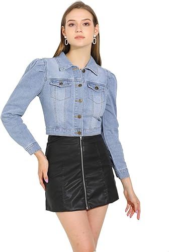 Miniatura 3 de Allegra K Chaquetas de mezclilla lavadas con botones y manga abombada para mujer