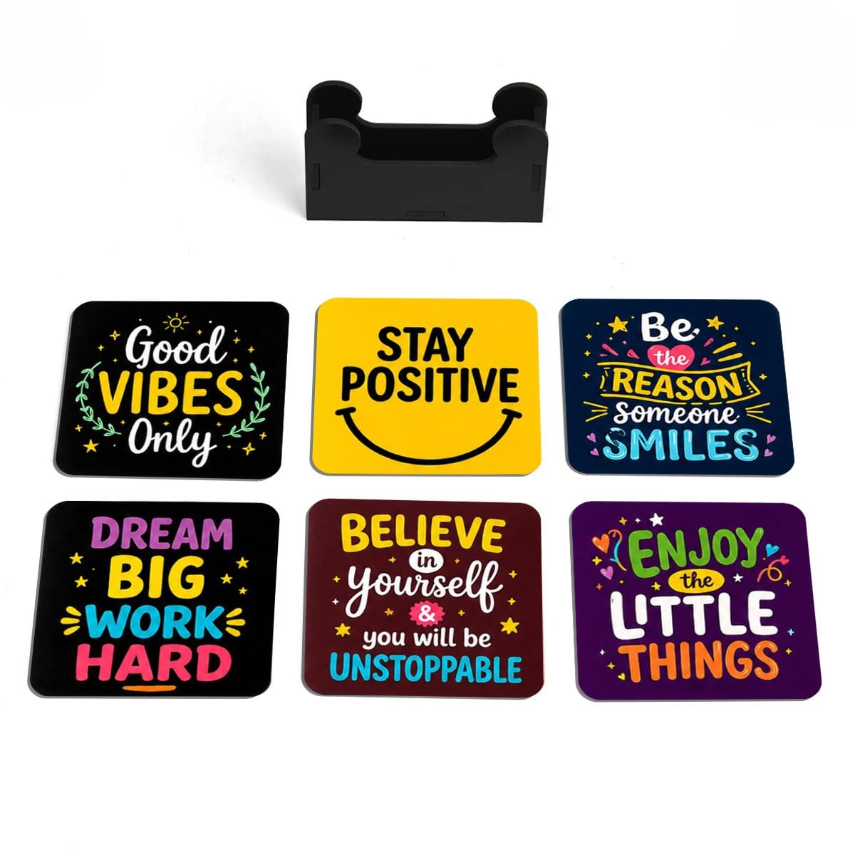 set of 6 motivational quote coasters with stand | anti-slip wooden tea & coffee coasters | colorful table decor for home, office & gift