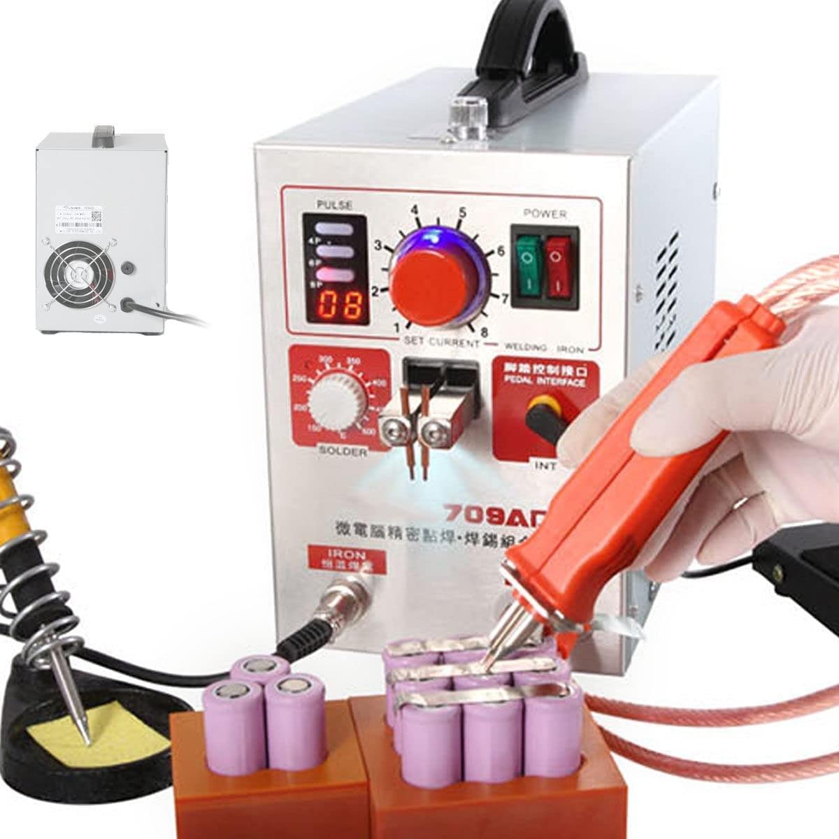 Saldatrice a punti a impulsi 709A, saldatrice a batteria da 0,3 mm Saldatrice a punti a batteria e tester per batteria Stazione di saldatura Saldatrice a impulsi portatile per pacco batteria 18650 1