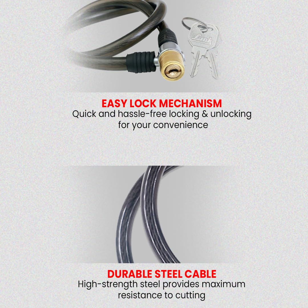 Link Multipurpose Cable Lock 50 CM Length for Cycles, Bikes, Helmets or Scooters Assorted Colour | 2 Keys | 1 Lock | CL-01 (Brass Coated) 1