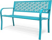 VINGLI 50" Blue Metal Outdoor Bench with Floral Backrest - 800lb Capacity Garden Porch Patio Seat for 2-3 People