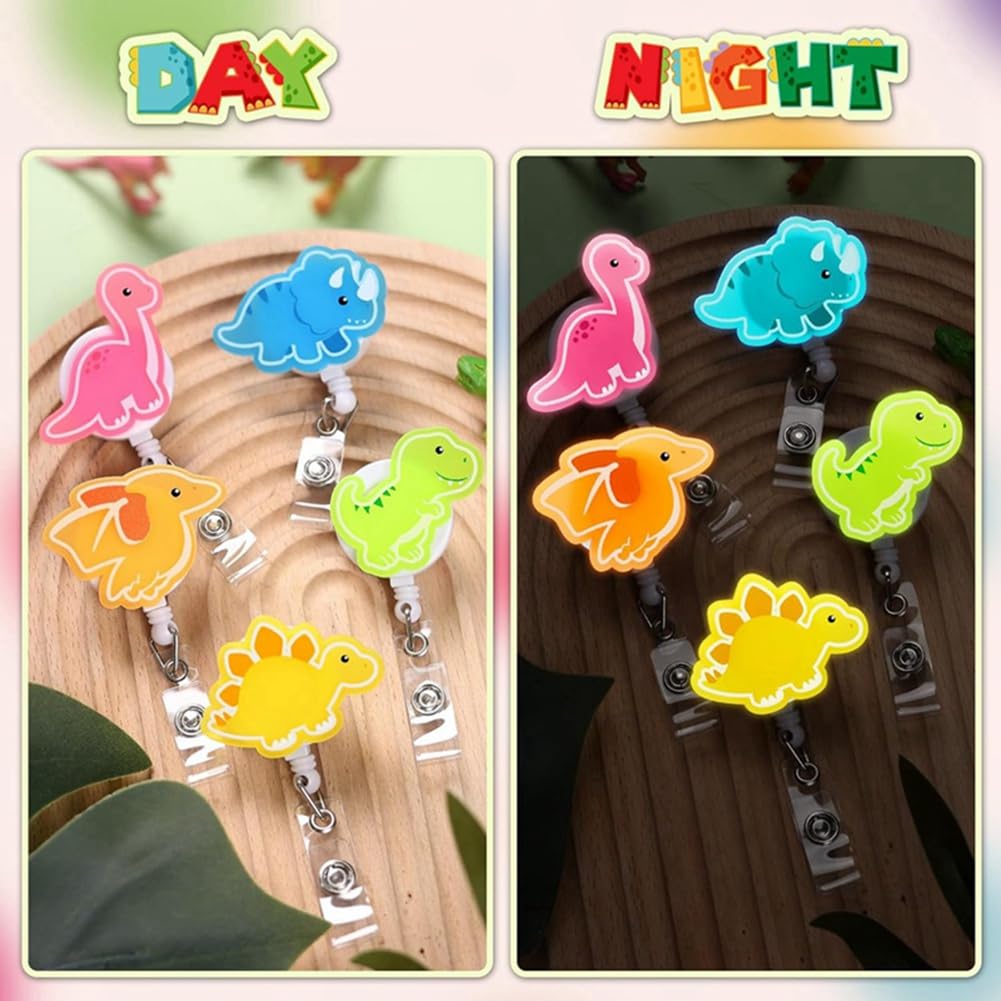 Fowecry Dinosaur Badge Reels 5PCS Glowing in The Dark Nurse ID Badge Holder Retractable Clip Night Shift Badge Gifts Easy Install - Image 3