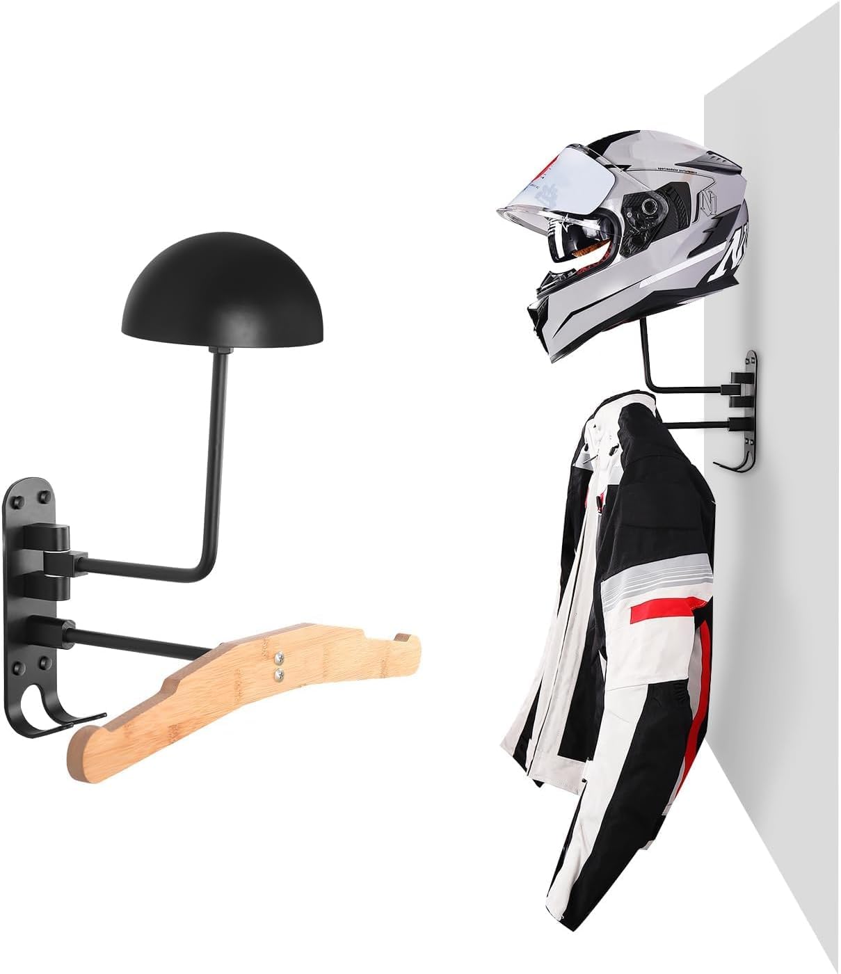 MostNow Helmet Stand, Rotation Metal Helmet Holder Wall Mount, Helmet Holder Bike with 2 Hooks Helmet Hanger for motorbike, Caps, Baseballs, Rugby Helmet