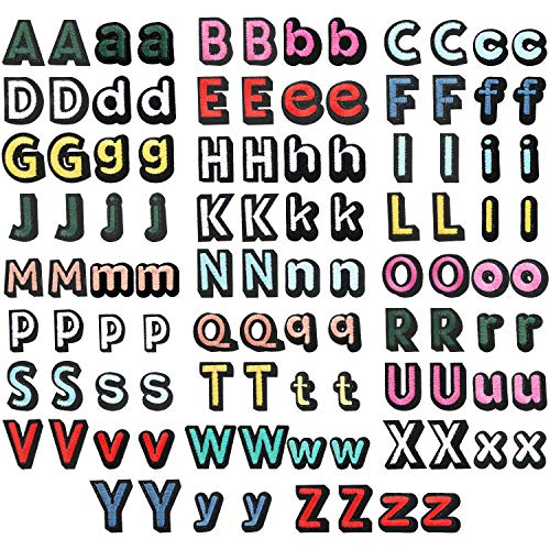 Iron on Letter Patches Alphabet Applique Patches Multicolored A-Z Letter Sew on Appliques Embroidered Patch for Hats, Jackets, Shirts and Jeans DIY Craft Sewing Projects (52)