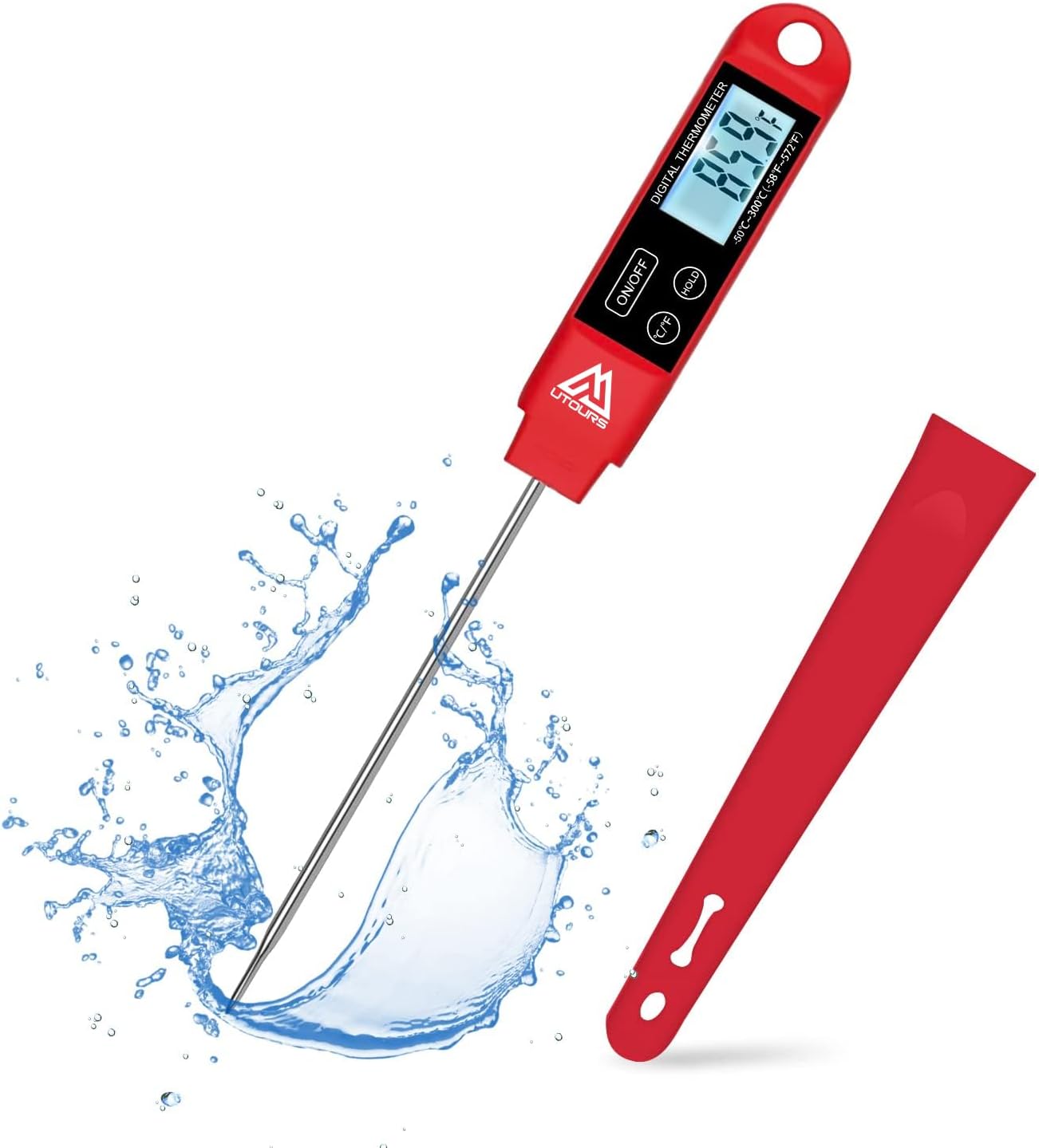 Digital Food Cooking Thermometer, 304 (18/10) Stainless Steel Thermometer Instant Read Meat Thermometer for BBQ Grill Smoker Milk and Water (Red)