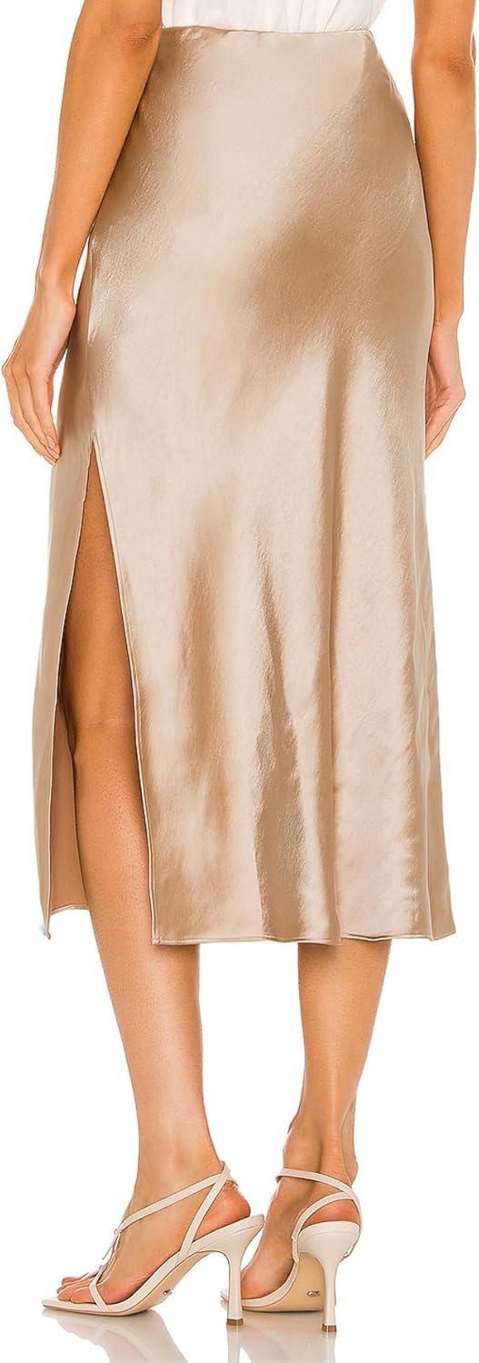 Womens Satin Silk High Waist Slit Midi Skirt Elastic Waistband Midi Skirts for Women - Image 3