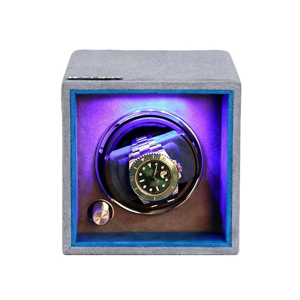 Carica Orologi Automatici, Scatola del Tempo Ultra Silenzioso 10dB Blue | Selettore Rotante Pelle Scamosciata Resistente Ai Graffi Luce Led