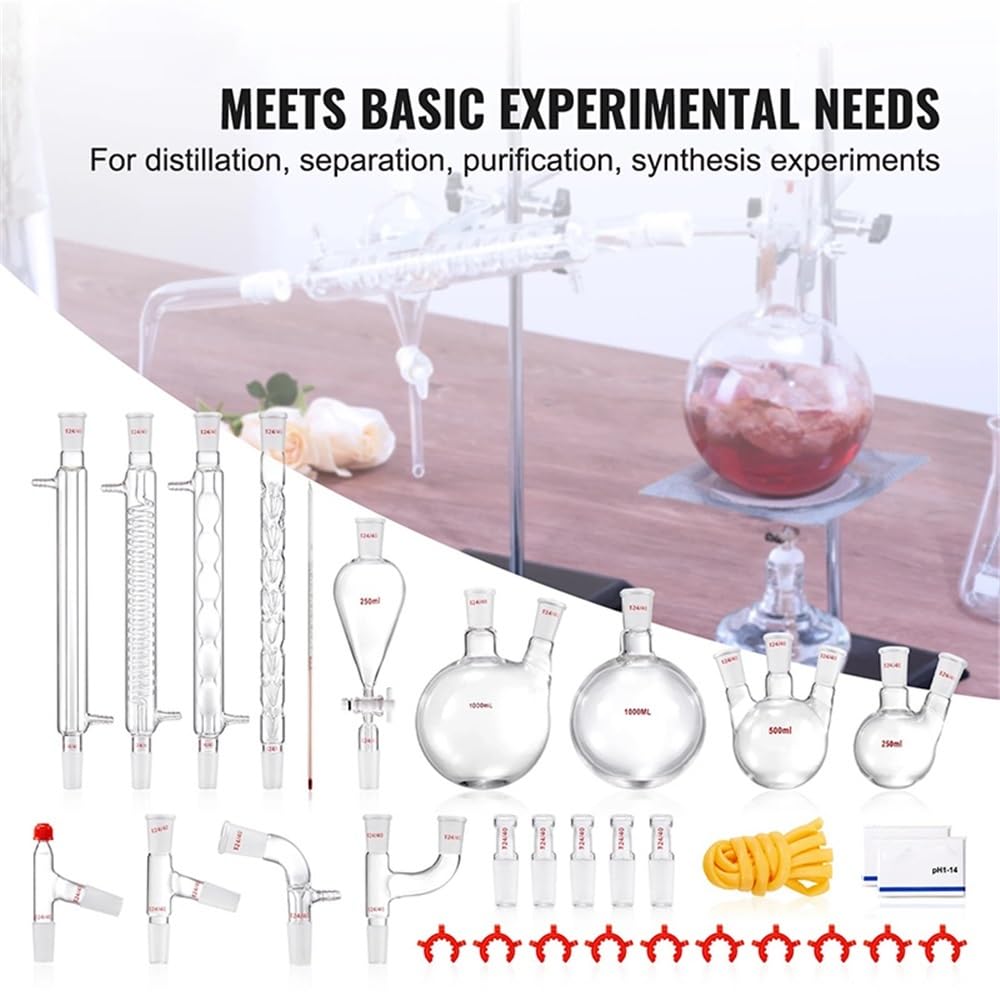 Laborglaswaren Labor-Destillationsset, 32-teiliges Glaswaren-Destillationsset mit 24/40-Verbindung, 1000 ml, unverzichtbares Geräteset