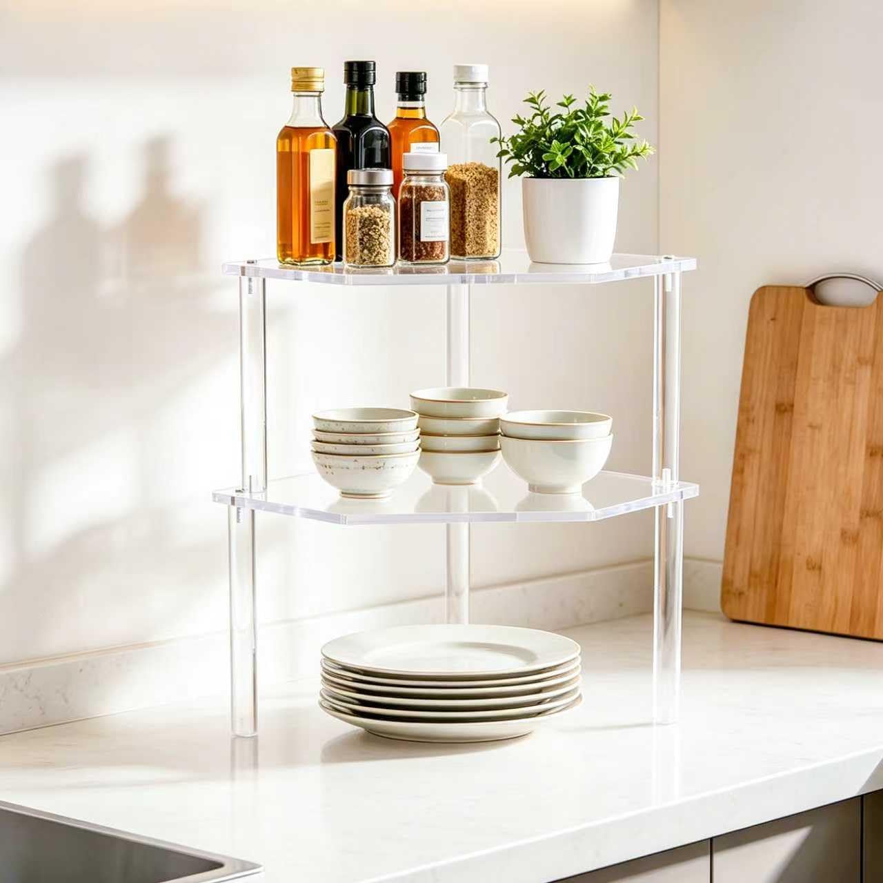 AKAZA 2Pcs 2-Tier Corner Stackable Organizer Shelf for Bathroom & Kitchen - Cabinet Storage Shelf Rack, Shelves, Kitchen Counter and Cabinet Shelf, Storage Rack Organizer (Clear)
