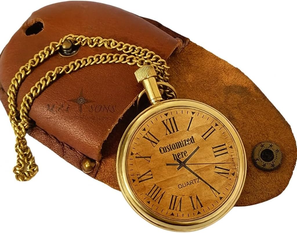 Personalized Open Face Brass Pocket Watch | Custom Engraved Dial & Back | Chain with Leather Case & Wooden Gift Box | Vintage Gift for Men & Women