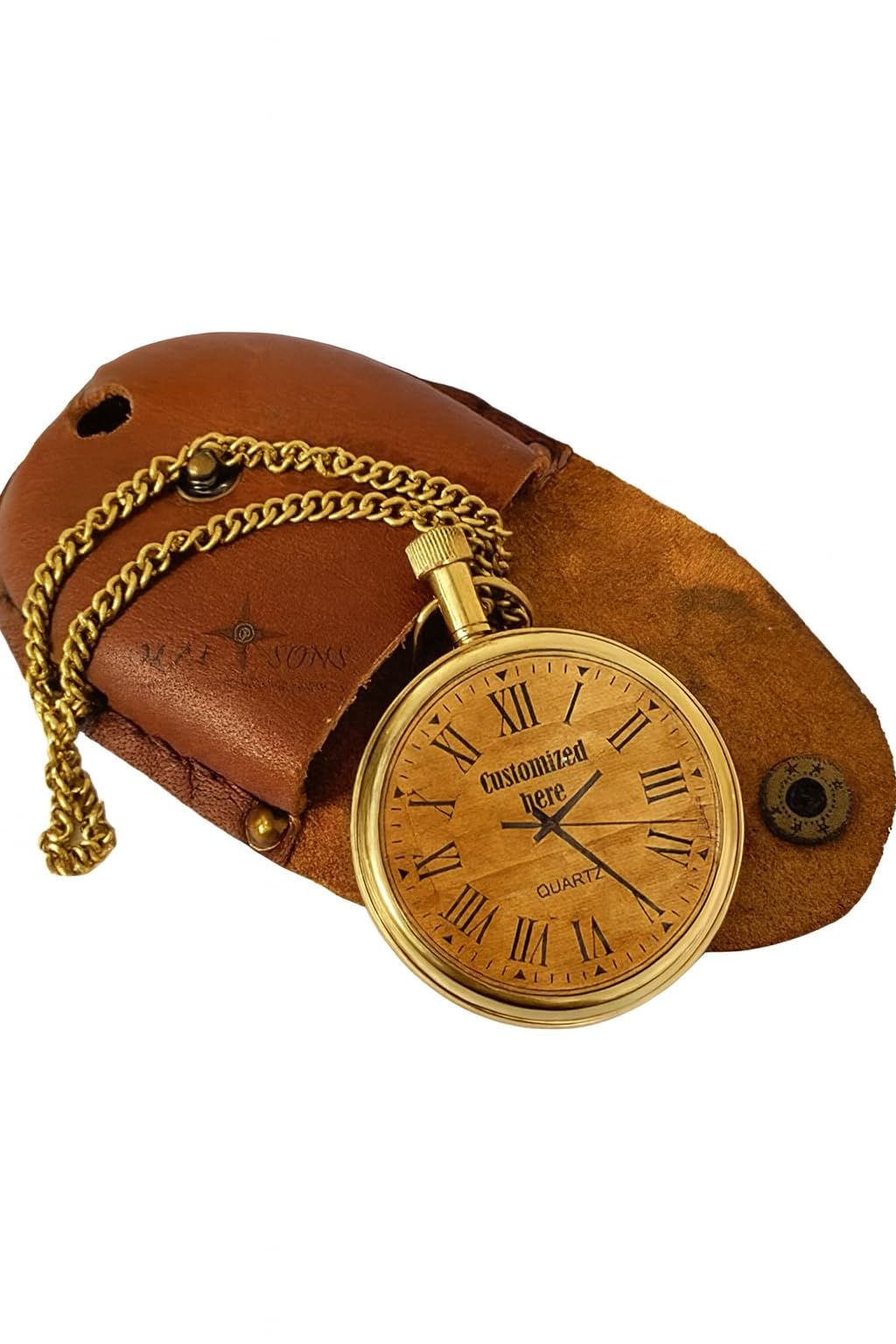 Sponsored Ad - Personalized Open Face Brass Pocket Watch | Custom Engraved Dial & Back | Chain with Leather Case & Wooden Gift Box | Vintage Gift for Men & Women