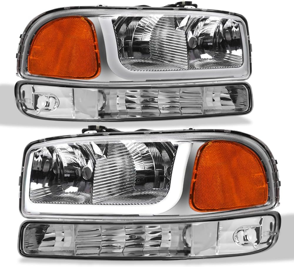 Alpha Owls Crystal Headlights & Bumper Signal Lights with White LED Strip|Compatible With 1999-2006 GMC Sierra / 2007 Classic / 2000-2006 GMC Yukon|8743386|Chrome Amber