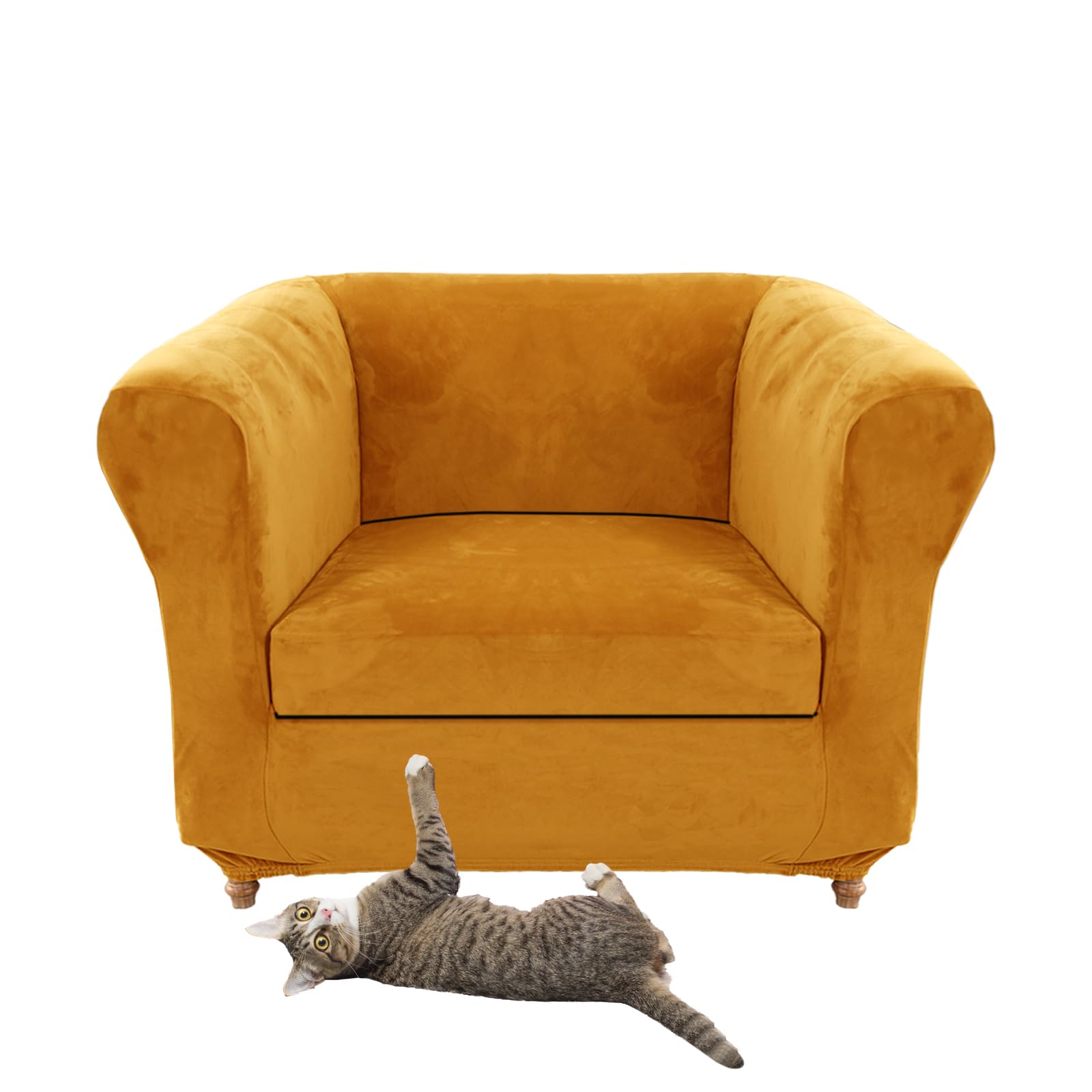 Stretch Velvet Chesterfield Sofa Cover Couch Cover with Seat Cushion Covers Curved Chaise Armchair Vintage Style (Yellow Chair + 1 Large Seat)