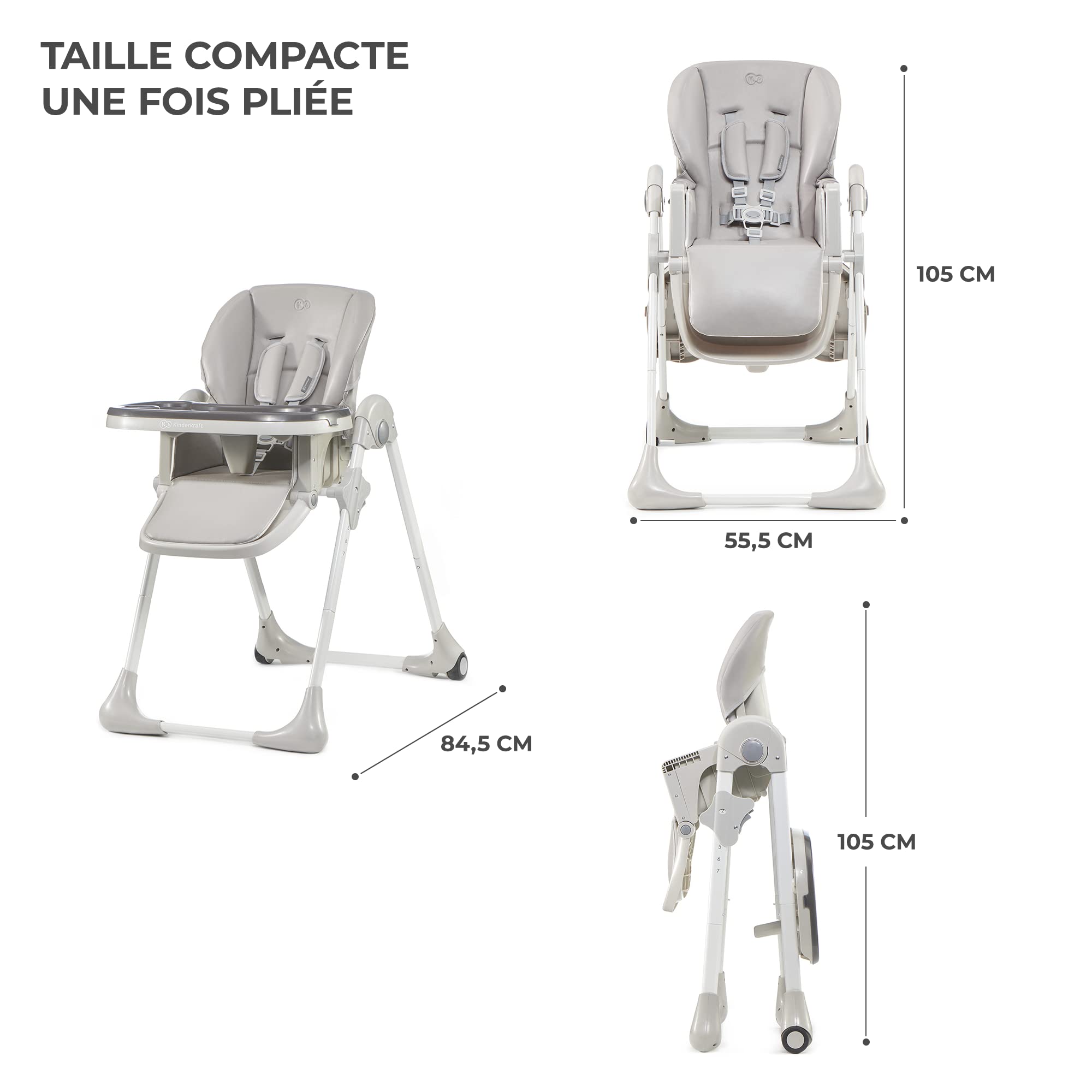 KINDERKRAFT Chaise Haute Enfant Yummy, Pliable, Réglable, Nettoyage Facile, Gris, 103 x 59 x 83 cm, 1 Unité