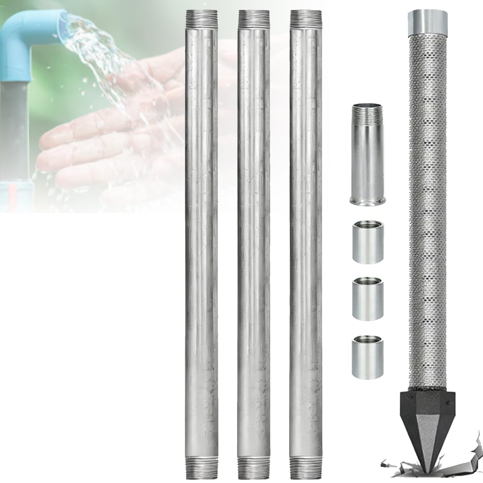 1-1/4" Stainless Steel Driven Point Well Kit, DIY Water Well Drilling Kit, with Galvanized Pipes and Drive Cap, for Garden Irrigation, Backyard Wells, and Emergency Water Supply 4M-NoWaterPump