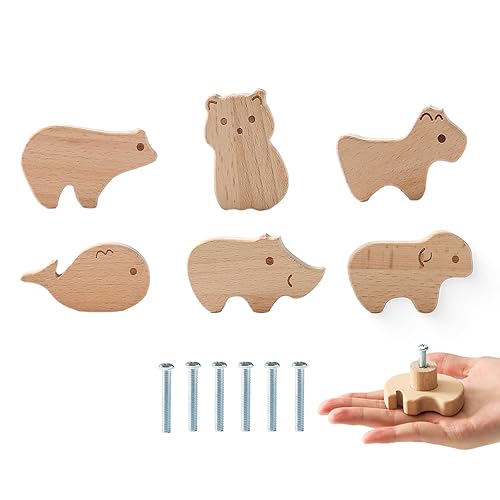 Mamimami Home Pomos de madera para cajones con tornillos, mango redondo para muebles para habitación de niños, 6 unidades, asas de madera de