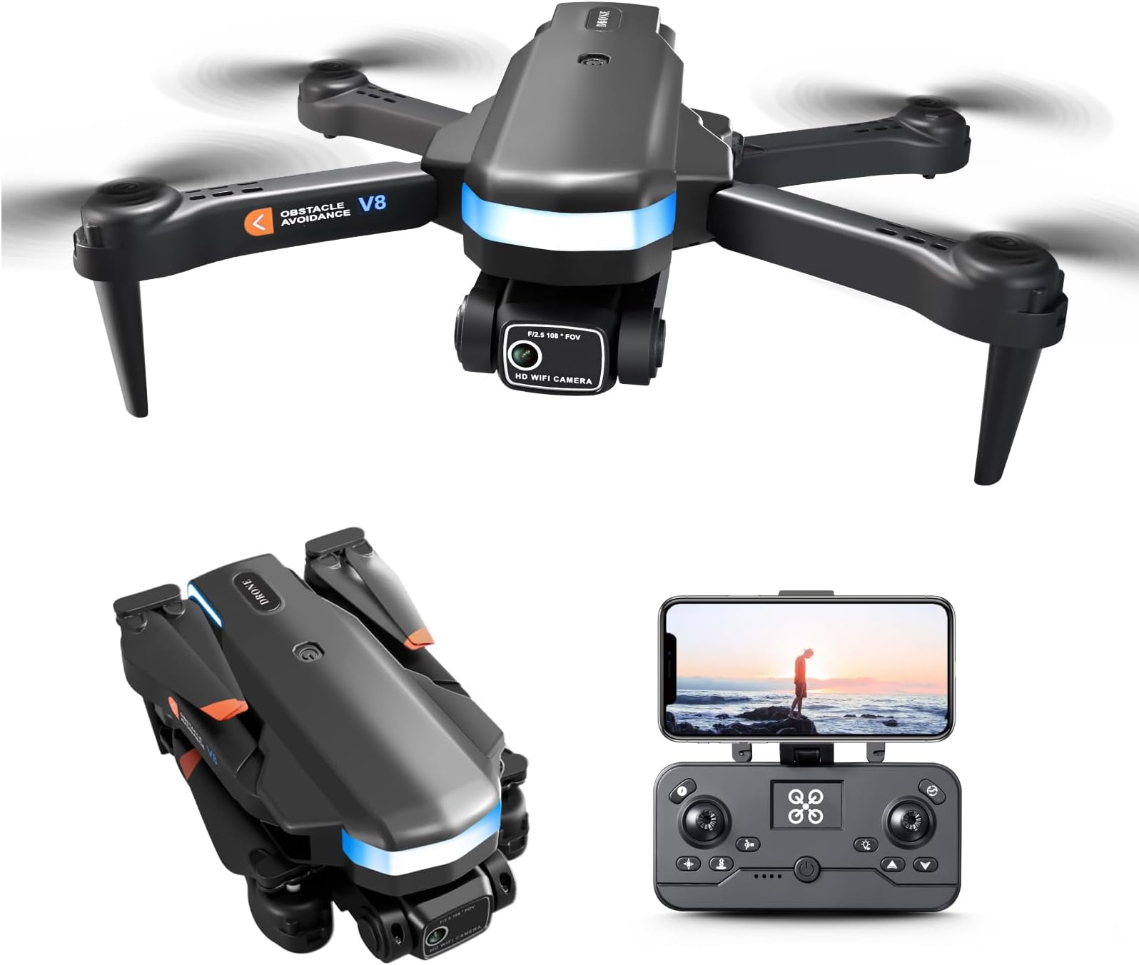 CHIPLIB V8 Drone with 1080P Dual Camera Intelligent Avoidance Foldable Quadcopter Obstacle Optical Flow Fixed-Point Hovering Wi-Fi Connection One Touch Up/Down Two Batteries