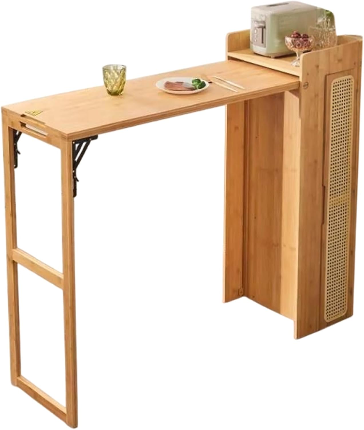 Storage Trolley Foldable Kitchen Island Bar Table with Rattan Panel Storage Cabinet Shelving Organizer(Yellow)