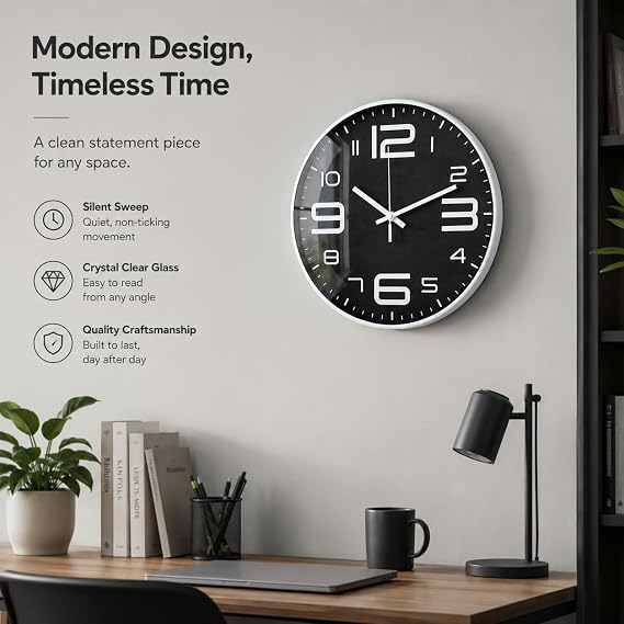 Wall Clock12 Inch with 3D Number,White with Black