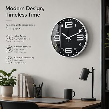 Wall Clock12 Inch with 3D Number,White with Black
