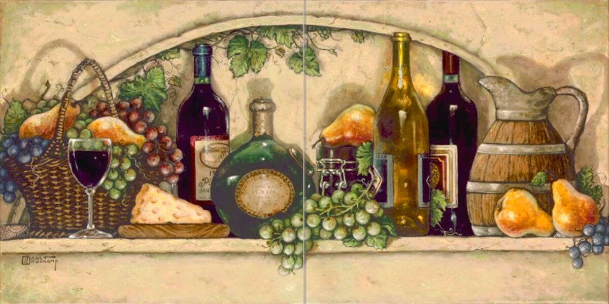 Ceramic Backsplash Tile Mural Wine Themed Kitchen - Wine Fruit and Cheese Pantry II - Janet Kruskamp