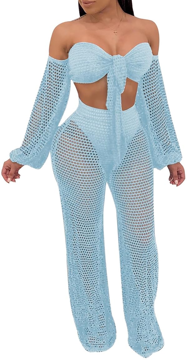 sexycherry Sky Blue Bathing Suits for Women Crop Top & Long Mesh Pants,L by sexycherry - Used condition - Image 4
