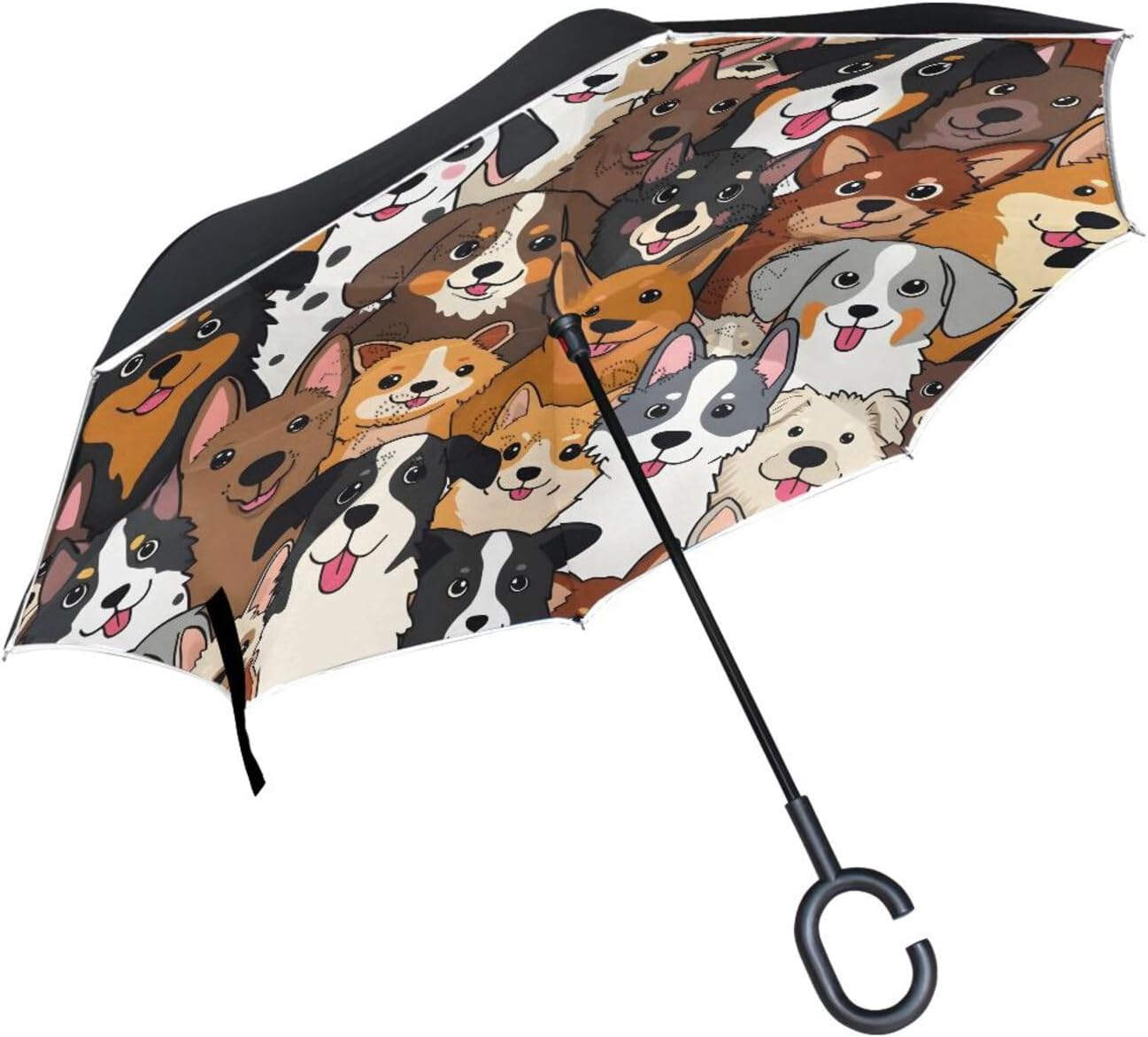 MRMIAN Cute Doodle Dog Print Animal Windproof Inverted Open Close Reverse Rain Umbrella Inside Out Quality Waterproof Parasol Upside Down Stick Shelter with Hook c Handle